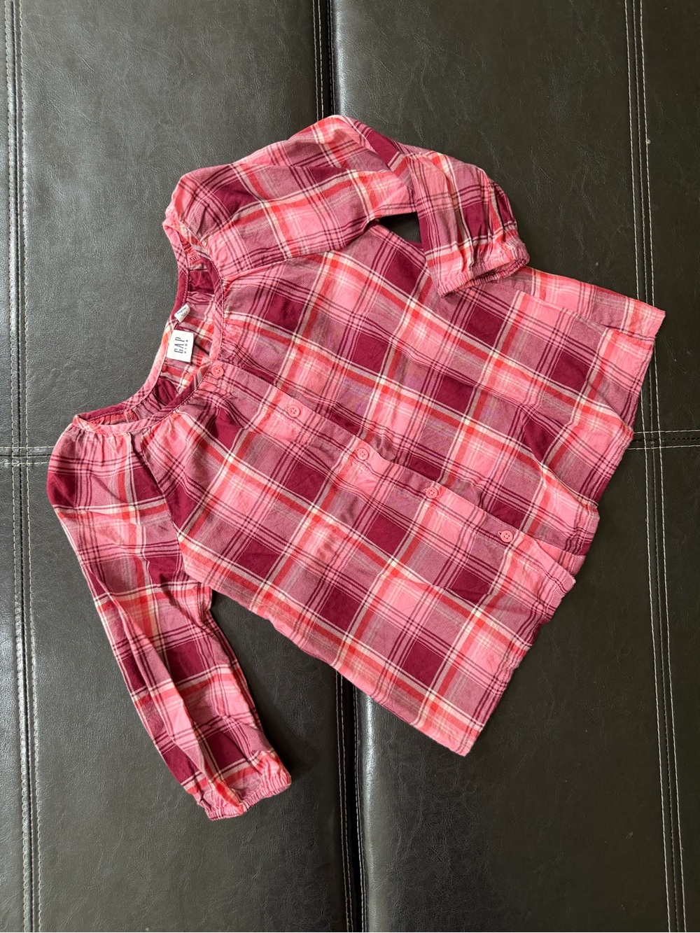 GAP - Girl’s Pink and Dark Red Plaid Long-Sleeve Top